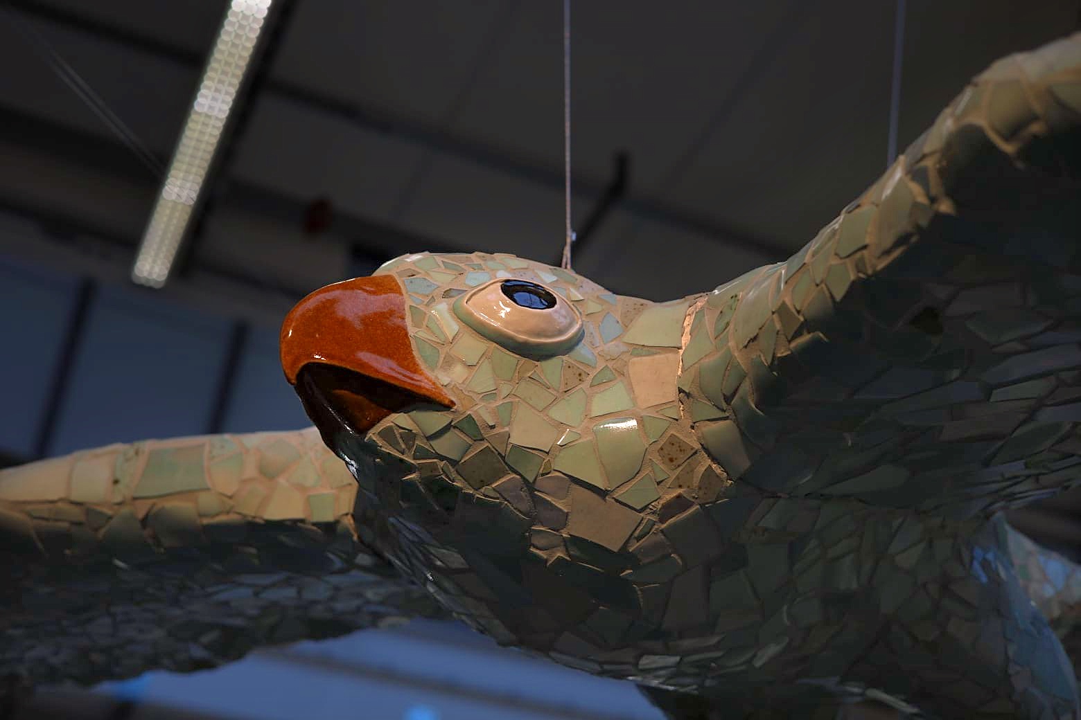 Large suspended mosaic bird sculpture by Ylva Katarina Lindh