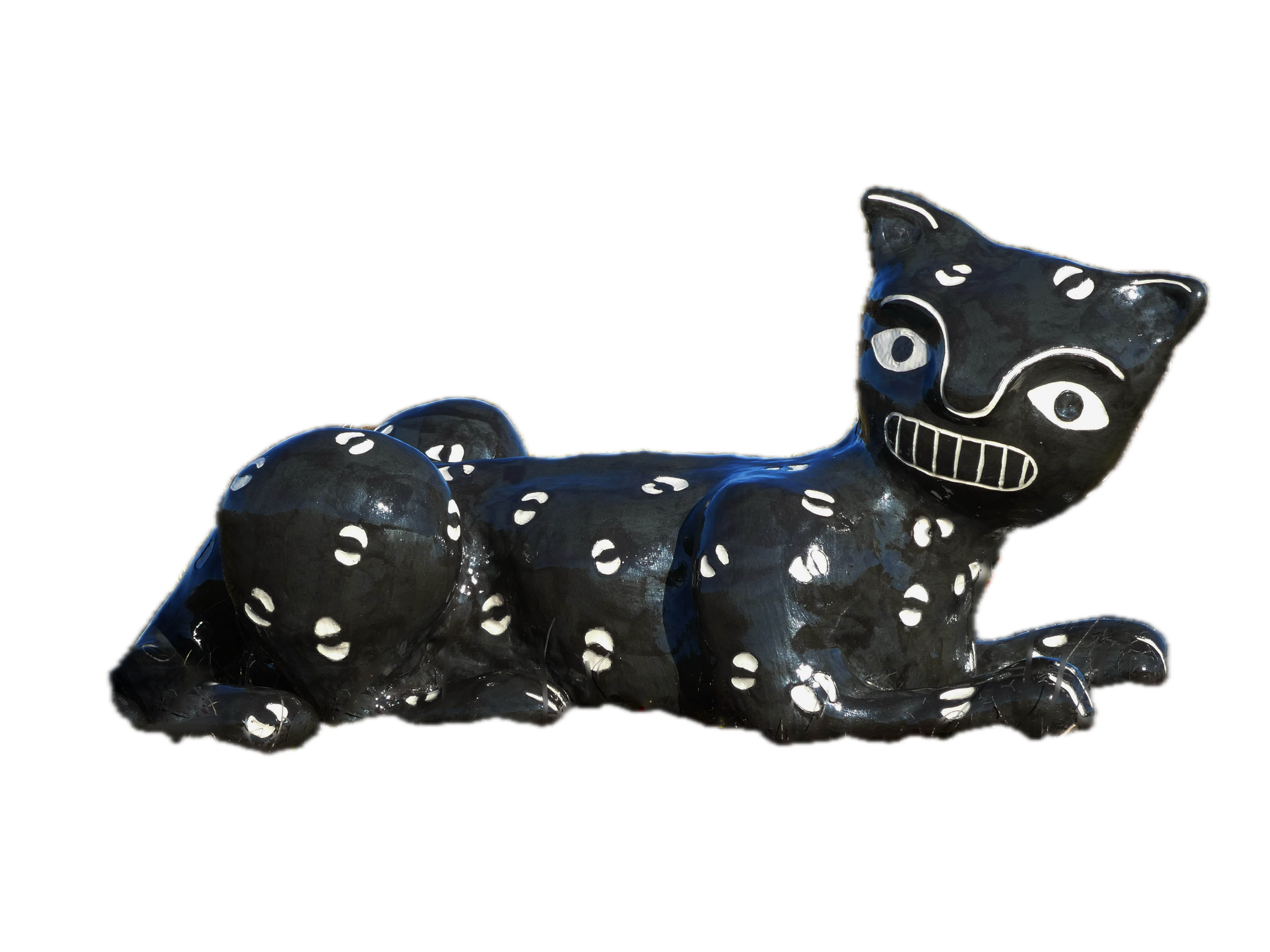 Shapeshifter, a dark glazed ceramic animal figure with white markings