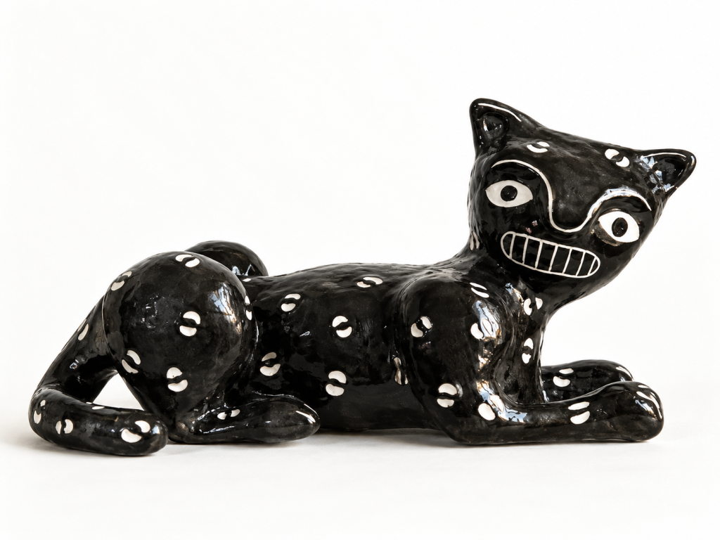 Shapeshifter, a dark glazed ceramic animal figure with white markings